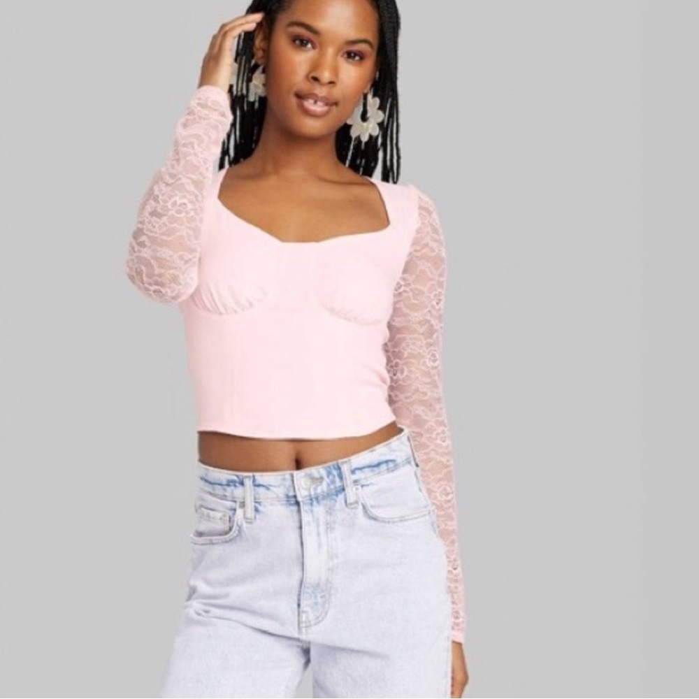 Wild Fable Pink Cropped Long Sleeve Lace Top Size Small - Picture 1 of 10